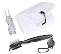 Mile High Life Microfiber Waffle Pattern Golf Towel | Club Groove Cleaner Brush | Foldable Divot Tool with Magnetic Ball Marker (White Towel/Brush/Fish Divot)