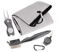 Mile High Life Microfiber Waffle Pattern Golf Towel | Club Groove Cleaner Brush | Foldable Divot Tool with Magnetic Ball Marker (Gray Towel/Brush/Fish Divot)