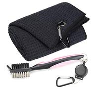 Mile High Life Microfiber Waffle Pattern Tri-fold Golf Towel | Brush Tool Kit with Club Groove Cleaner, Retractable Extension Cord and Clip (Black Towel+Pink Brush)