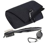 Mile High Life Microfiber Waffle Pattern Tri-fold Golf Towel | Brush Tool Kit with Club Groove Cleaner, Retractable Extension Cord and Clip (Black Towel+Black Brush)