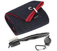 Mile High Life Microfiber Waffle Pattern Tri-fold Golf Towel | Brush Tool Kit with Club Groove Cleaner, Retractable Extension Cord and Clip (Black w/red Towel+Black Brush)