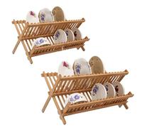 Milena 2pcs Folding Beechwood Dish Drying Rack, Large 2-Tier X-Shape Wooden Dish Drainer for Kitchen Countertop, Non-Toxic Plates, Bowls & Cups Organizer, Space Saving Design, H 35 x L 40cm (2)