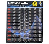 Milestock 50pcs 1.5V Alkaline Button Cell Batteries Assortment AG3 LR41 392, AG4 LR626 377, AG5 LR754 393, AG10 LR1130 389, AG13 LR44 357 Button Cells for LED Lights, Music Books, Watches, RC