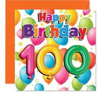 Milestone 100th Birthday Card - Bursting with Birthday Cheer - Colourful Balloons and Sparkling Stars Design - 145mm Square, Envelope Included