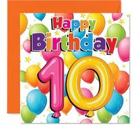 Milestone 10th Birthday Card - Bursting with Birthday Brilliance - Colourful Balloons and Stars Design with Bold '10' - 145mm Square, Envelope Included