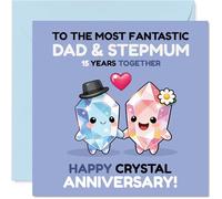 Milestone 15th Anniversary Card for Stepmum & Dad - Shimmering Crystal Duo Sparkles - Cute Characters Mark 15 Years of Love - 145mm Square, Envelope Included