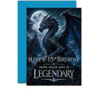 Milestone 15th Birthday Card, Epic Moonlit Dragon and Castle Scene
