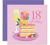 Milestone 18th Birthday Card, Raise a Glass to Adulthood | Colourful Cake, Bubbly and Balloons in a Festive Pink Design, 145mm Square, Envelope Included