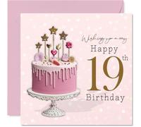 Milestone 19th Birthday Card - Raise a Toast to Turning Nineteen - Pink Drip Cake with Gold Sparkles and Star-topped Candles - 145mm Square, Envelope Included