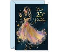Milestone 20th Birthday Card - Sparkle into Your Twenties - Glamorous Woman in Shimmering Gold Gown with Champagne and Butterflies - A5, Envelope Included