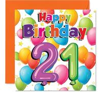 Milestone 21st Birthday Card - Bursting with Birthday Cheer - Colourful Balloons and Stars Design - A Vibrant Way to Mark Their Big 2-1 - 145mm Square, Envelope Included