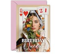 Milestone 21st Birthday Card, Crowned for the Big 2-1 | Queen of Hearts Portrait with Vibrant Bouquet, A Regal Twist on Birthday Celebrations, 5X7 Inch, Envelope Included