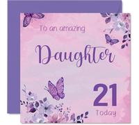 Milestone 21st Birthday Card for Daughter - Celebrate Turning 21 in Style - Pink and Purple Butterflies with Floral Detailing - 145mm Square, Envelope Included