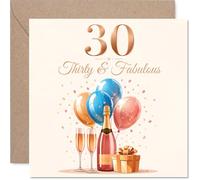Milestone 30th Birthday Card - Thirty & Fabulous Celebrations - Rose Gold 30 with Balloons, Champagne and Gift - 145mm Square, Envelope Included
