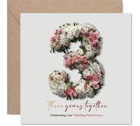Milestone 3rd Anniversary Card - Three Years and Still Blooming - Pink Floral Number Design with Fresh Green Accents - 145mm Square, Envelope Included
