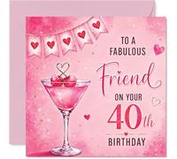 Milestone 40th Birthday Card - Raise a Glass to Fabulous at Forty - Sparkling Cocktail, Cherries and Heart Bunting in Pink and Gold - 145mm Square, Envelope Included