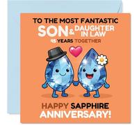 Milestone 45th Anniversary Card for Son & Daughter in Law - Cheers to 45 Sparkling Years - Cartoon Gem Couple Celebrating Sapphire Anniversary - 145mm Square, Envelope Included