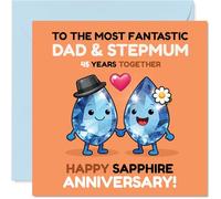 Milestone 45th Anniversary Card for Stepmum & Dad - Sapphire Sparkle and Smiles - Cartoon Gem Couple Celebrating 45 Years Together - 145mm Square, Envelope Included