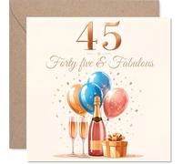 Milestone 45th Birthday Card - Forty Five & Fabulous Celebrations - Rose Gold Balloons, Champagne and Confetti Design - 145mm Square, Envelope Included