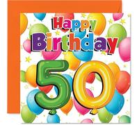 Milestone 50th Birthday Card - Bursting with Birthday Cheer - Vibrant Balloons and Stars Pop in a Multicolour Design - 145mm Square, Envelope Included