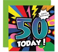 Milestone 50th Birthday Card - Fifty and Fabulous - Vibrant Multicolour Design with Bold Celebratory Lettering - 145mm Square, Envelope Included