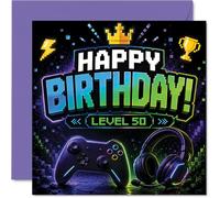 Milestone 50th Birthday Card - Level Up to 50 - Bold Gaming Controller and Headphones Design - Celebrates the Ultimate Birthday Achievement - 145mm Square, Envelope Included