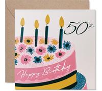 Milestone 50th Birthday Card - Raise a Smile on Their Big Five-oh - Colourful Illustrated Cake and Flowers with Cheerful Candles - 145mm Square, Envelope Included