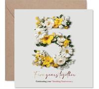 Milestone 5th Anniversary Card - Cheers to Five Fabulous Years - Bold Floral Number 5 Design - 145mm Square, Envelope Included