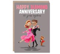 Milestone 60th Anniversary Card - Cheers to 60 Years - Playful Dancing Couple Illustration in Pink and Grey - A5, Envelope Included