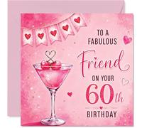 Milestone 60th Birthday Card, Raise a Glass to Turning 60 | Sparkling Martini, Bunting and Hearts on Glittery Pink, 145mm Square, Envelope Included