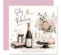 Milestone 60th Birthday Card - Sixty & Fabulous Vibes - Champagne, Flowers and Gifts in Pink and Gold - 145mm Square, Envelope Included