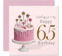 Milestone 65th Birthday Card - Celebrate Turning 65 in Style - Elegant Pink Drip Cake with Sparkling Gold '65' and Sweet Star Toppers - 145mm Square, Envelope Included