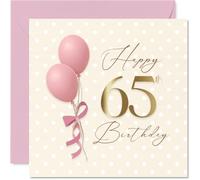 Milestone 65th Birthday Card - Celebratory Sparkle for a Special Year - Elegant Polka Dot and Pink Balloon Design with Gold Script - 145mm Square, Envelope Included