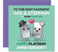 Milestone 70th Anniversary Card for Stepmum & Dad - Cheers to 70 Years - Playful Couple Illustration with Celebratory Green, Pink and Silver Tones - 145mm Square, Envelope Included