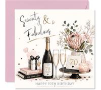 Milestone 70th Birthday Card - Raise a Glass to 70 - Elegant Champagne and Blooms in Pink and Gold - 145mm Square, Envelope Included