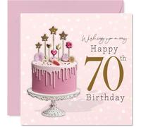 Milestone 70th Birthday Card - Raise a Toast to 70 - Pink Drip Cake with Gold Stars and Hearts - 145mm Square, Envelope Included