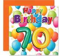 Milestone 70th Birthday Card - Vibrant Cheers to 70 - Colourful Balloons and Stars in a Lively Design - A Standout Way to Mark a Big Birthday - 145mm Square, Envelope Included