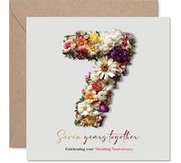 Milestone 7th Anniversary Card - Seven Years of Love and Laughter - Bold Floral '7' Design with Elegant Script - 145mm Square, Envelope Included