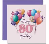 Milestone 80th Birthday Card - Celebrate in Style - Vibrant Balloons and Stars Burst Around Bold Pink 80th Numerals - 145mm Square, Envelope Included