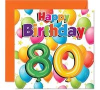 Milestone 80th Birthday Card - Eighty and Fabulous - Colourful Balloons and Stars Design - Bursting with Birthday Cheer - 145mm Square, Envelope Included