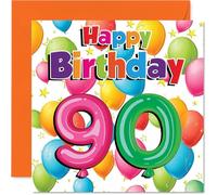 Milestone 90th Birthday Card - Bright and Bubbly Celebration - Colourful Balloons and Stars Mark a Fabulous 90th - 145mm Square, Envelope Included