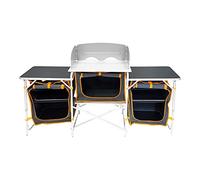 Milestone Camping Kitchen Units with Storage Compartments/Windshield and Cabinets/Heat Resistant Cooking Surface/Portable and Sturdy (Double Unit with 3 Workspaces and 5 Compartments)