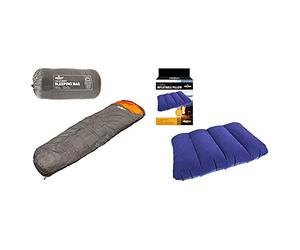 Milestone Camping Men's 27000 Mummy Sleeping Bag, Black, Single & Camping Flocked Inflatable Pillow ~ Blue ~ 88070