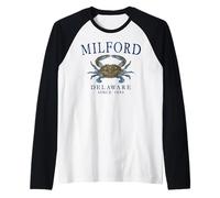 Milford Delaware Crab Town Since 1680 Navy Blue Letters Raglan Baseball Tee