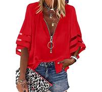 MILIG Womems 3/4 Sleeve Patchwork Shirt Loose Casual Shirt Tops Summer Women V-Neck Patchwork with Shirt Blouse(Red/XXL)
