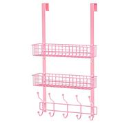 MILIJIA Coat Rack, Over The Door Hanger with Mesh Basket, Detachable Storage Shelf for Towels, Hats, Handbags, Coats (Pink-2 Layer)