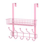 MILIJIA Coat Rack, Over The Door Hanger with Mesh Basket, Detachable Storage Shelf for Towels, Hats, Handbags, Coats (Pink)