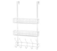 MILIJIA Coat Rack, Over the Door Hanger with Mesh Basket, Detachable Storage Shelf for Towels, Hats, Handbags, Coats (White-2 Baskets)