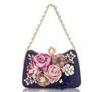 Milisente Clutch Purses For Women Unique Floral Pearl Evening Bag With Crystal Top Handle For Formal Wedding Dressy(F Blue)
