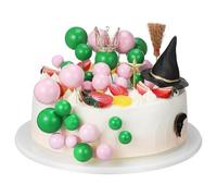 Milisten 44pcs Wicked Cake Decorations, Foam Ball Cake Toppers with Witch Hat, Crown, Broom, Balloons, Star Wand, Pink And Green Cupcake Toppers for Witch Theme Birthday Party Decor Supplies
